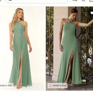 Azazie Rue matcha chiffon Green Cross-Neck Slit bridesmaid Dress